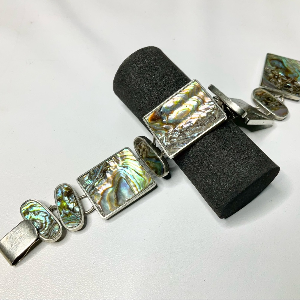 Vtg Taxco Mexican 950 Silver Abalone Link Bracelet 1960’s 6”